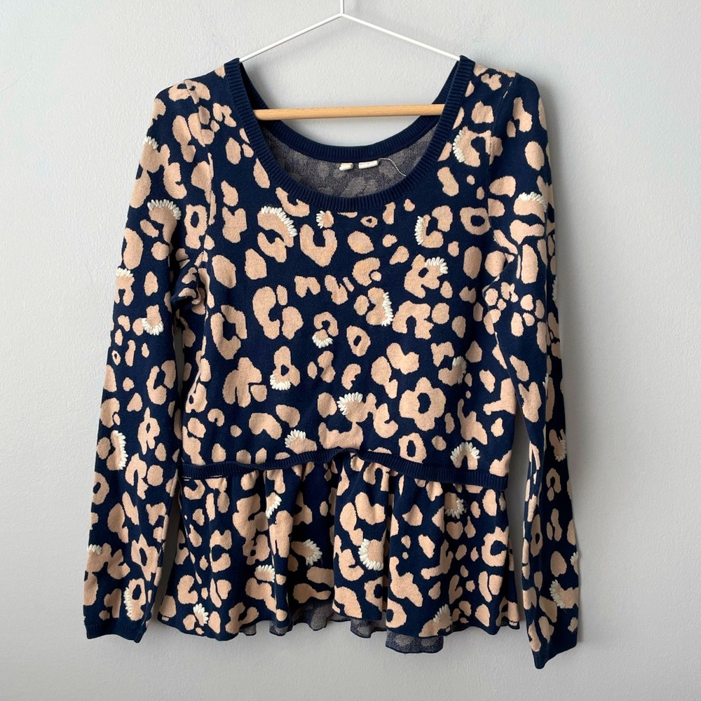 Anthropologie | Moth Leopard Print Peplum Fine Knit Sweater Size Large